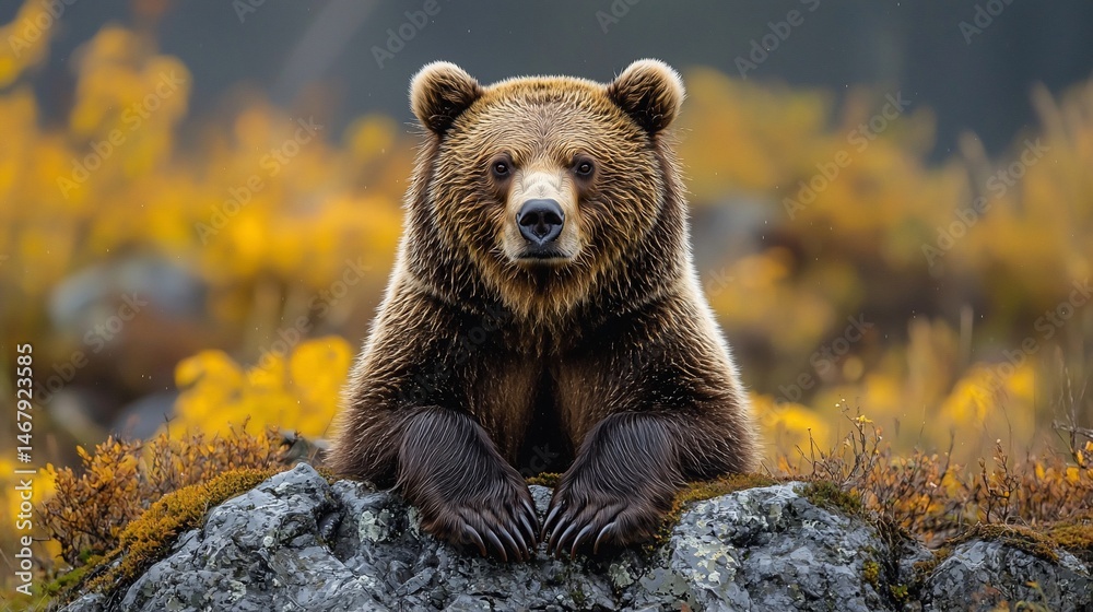 Fototapeta premium Grizzly bear on autumnal rock