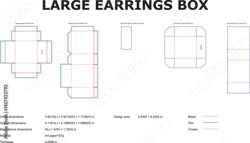Technical diagram of large earrings box packaging design with measurements and dimensions for manufacturing and assembly purposes