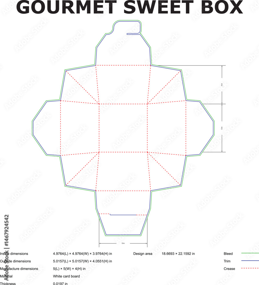 Obraz premium Detailed die-cut template design for a gourmet sweet box showing trim bleed and crease lines ready for production.
