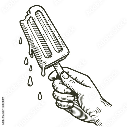 Melting ice cream popsicle held by a hand in a summer illustration  