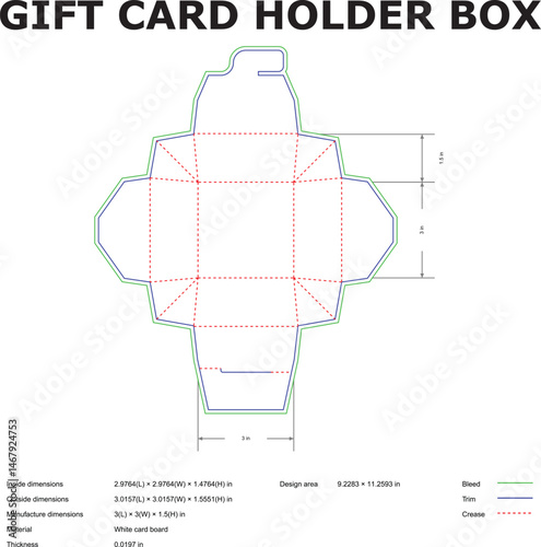 A detailed plan view of a gift card holder box with measurements and specifications for packaging and design.