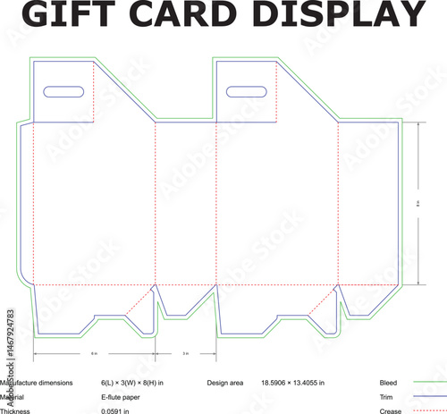 Detailed vector illustration showing a gift card display template with dimensions designed for product packaging in e-flute paper.