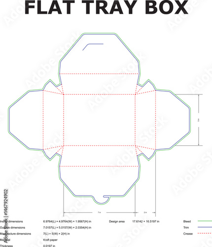 Detailed diagram and dimensions of a flat tray box design useful for packaging and manufacturing purposes with bleed trim and crease lines.