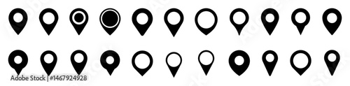 Location map pin icons set with modern map markers, pinpoint symbols, destination icons, location pins, and map marker designs. Vector collection for navigation and mapping UI.