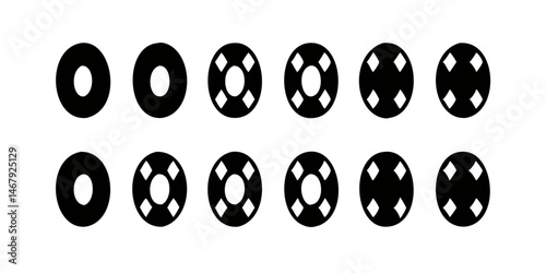 Simple Black and White Circular Graphic Pattern.A repeating pattern of circular shapes, each with a central hole and a crosshatch design of diamond shapes.