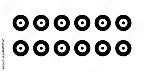 Simple Black and White Circular Graphic Pattern.A repeating pattern of circular shapes, each with a central hole and a crosshatch design of diamond shapes.