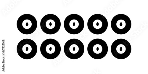 Simple Black and White Circular Graphic Pattern.A repeating pattern of circular shapes, each with a central hole and a crosshatch design of diamond shapes.