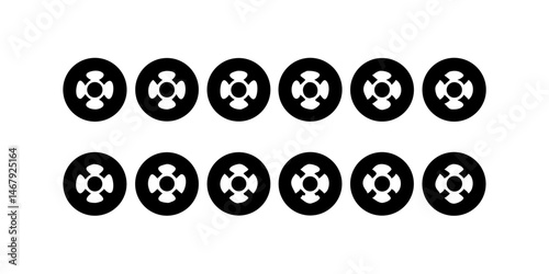 Simple Black and White Circular Graphic Pattern.A repeating pattern of circular shapes, each with a central hole and a crosshatch design of diamond shapes.