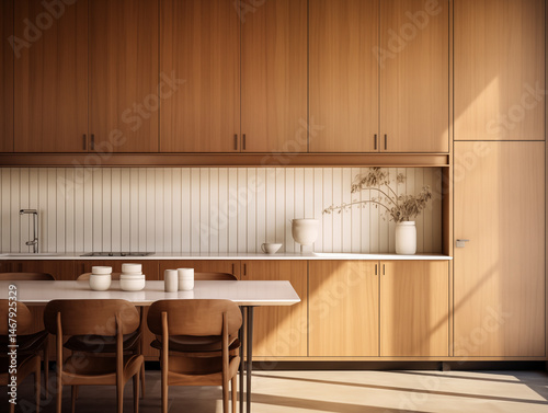 Mid century modern style inspired kitchen with wall panelling. Kitchen with wood panels. Natural wood inspired interior. 