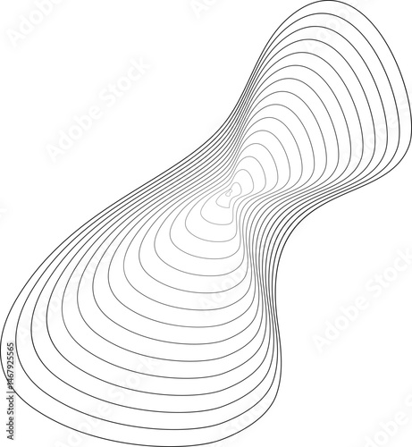 Topographic organic shape with abstract circular wavy pattern. Concentric ripple sound graphic. Contour fluid grid of dynamic pulse. Outline contour illustration