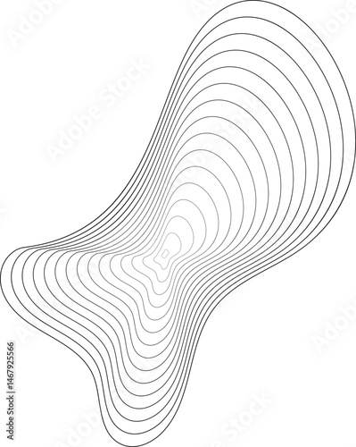 Topographic organic shape with abstract circular wavy pattern. Concentric ripple sound graphic. Contour fluid grid of dynamic pulse. Outline contour illustration