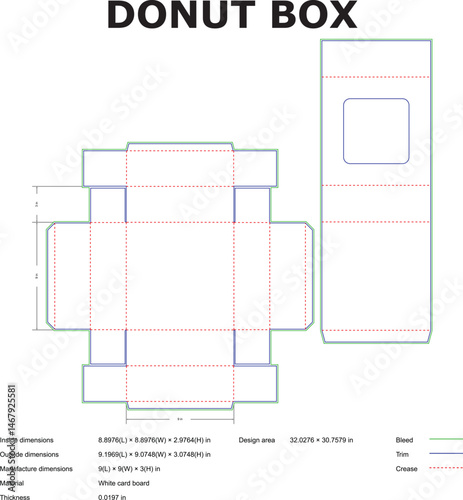 Detailed die cut template design of a donut box with dimensions and measurements for packaging manufacturing.