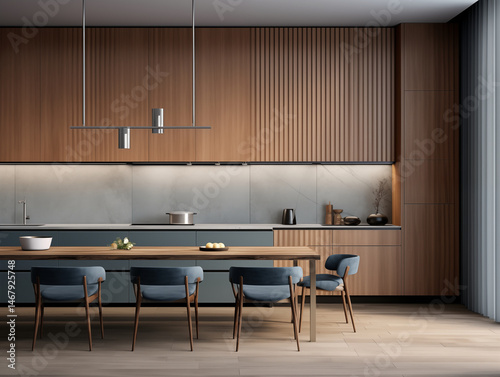Mid century modern style inspired kitchen with wall panelling. Kitchen with wood panels. Natural wood inspired interior in brown and blue. 