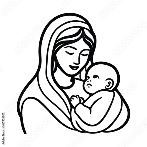 mother and baby line art vector art silhouette
