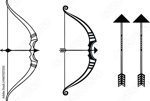 Bow and Arrow Vector Illustration Set - Classic Archery Equipment Graphics in Black and White
