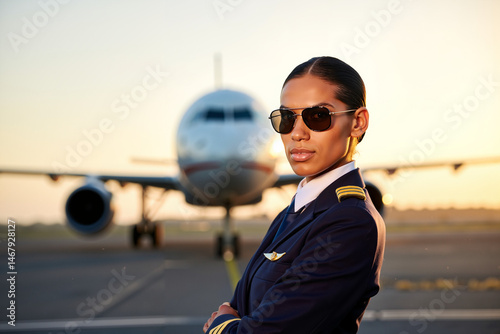 Woman in sunglasses near airplane on runway