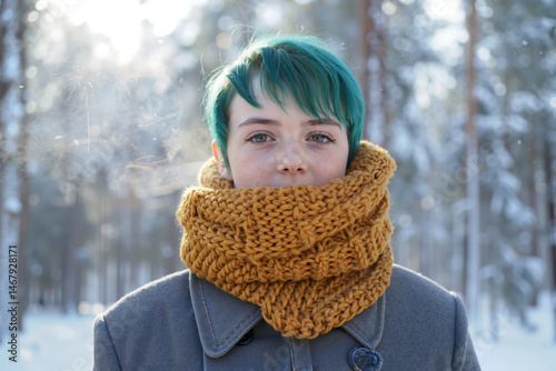 Girl in winter scarf with green hair outdoors