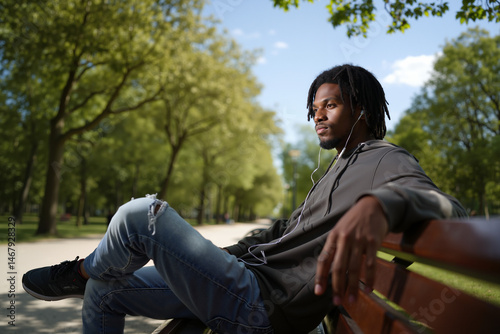 Man relaxing on bench in city park