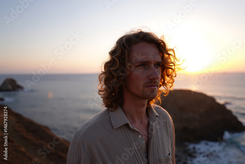 Man with curly red hair in natural light