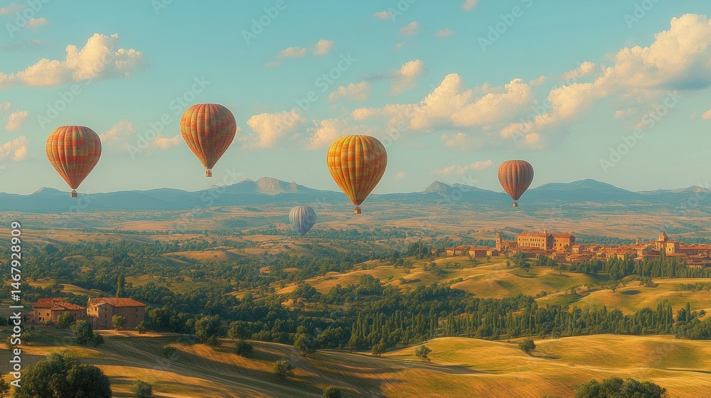 Obraz premium Scenic hot air balloons over Tuscan hills