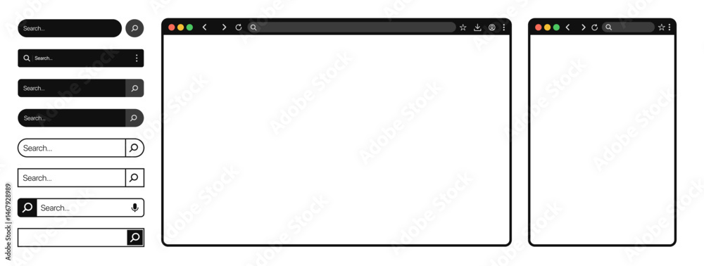 Website mockup template – Browser window with frames for PC, laptop, tablet, and mobile. Light, dark, and night modes included. Vector illustration for UI and web design presentations.
