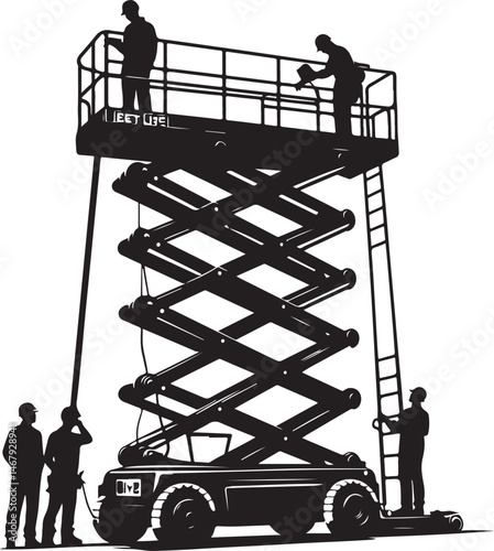 construction workers on the roof Scissor Lift Silhouette Vector  Aerial Work Platform Icon for Construction and Maintenance new unique 2025 trendy