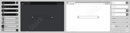 Website mockup template – Browser window with search bar and frames for PC, laptop, tablet, and mobile. Includes light, dark, and night modes. Vector illustration for UI and web presentations.
