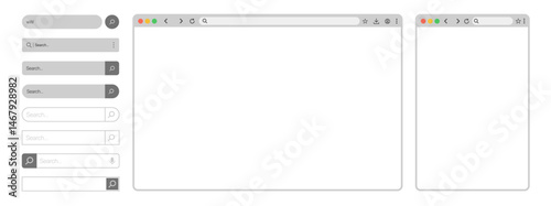 Website mockup template. Browser window with search bar and frames for PC, laptop, tablet, and mobile. Vector illustration for UI and web presentations.
