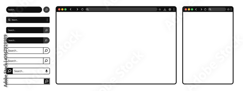 Website mockup template – Browser window with frames for PC, laptop, tablet, and mobile. Light, dark, and night modes included. Vector illustration for UI and web design presentations.