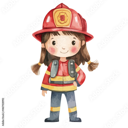 watercolor illustration of girl Firefighter clipart isolated