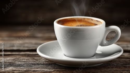 Aromatic Espresso Coffee in White Cup on Rustic Wooden Table Perfect for Breakfast or an Afternoon Pick Me Up