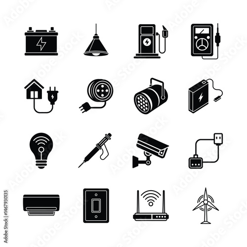 Essential Electrical and Energy Icons Set – Power, Lighting, Charging, and Smart Tech Symbols