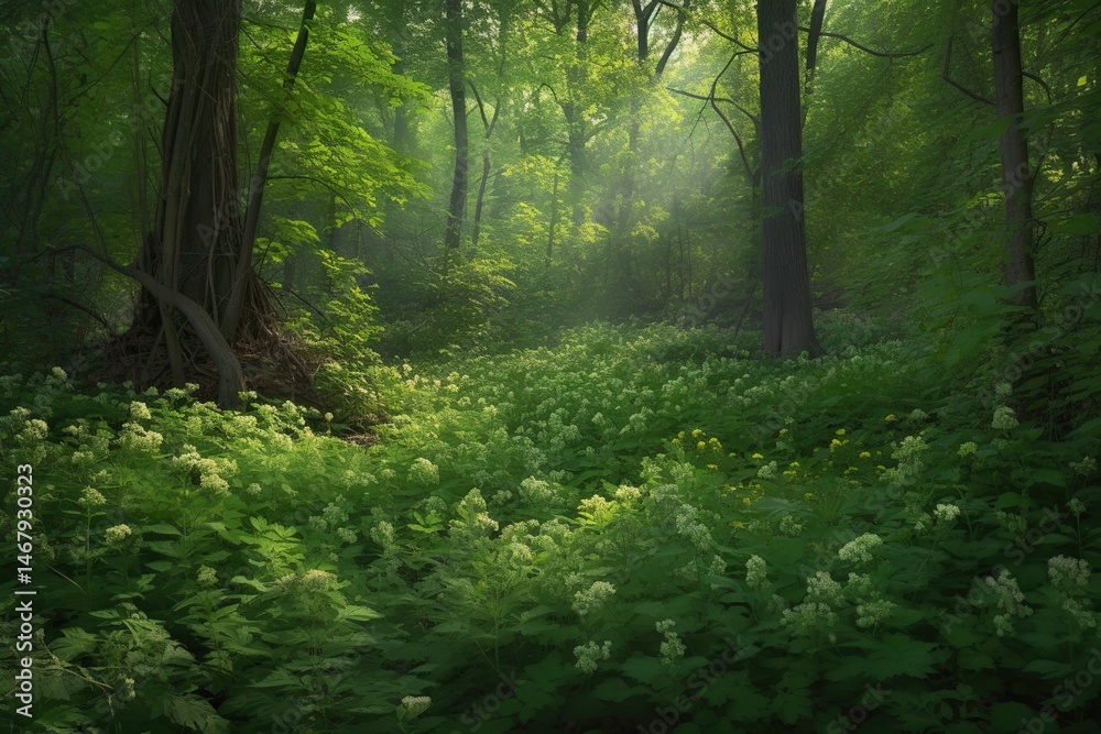 Obraz premium Lush forest floor bathed in morning light