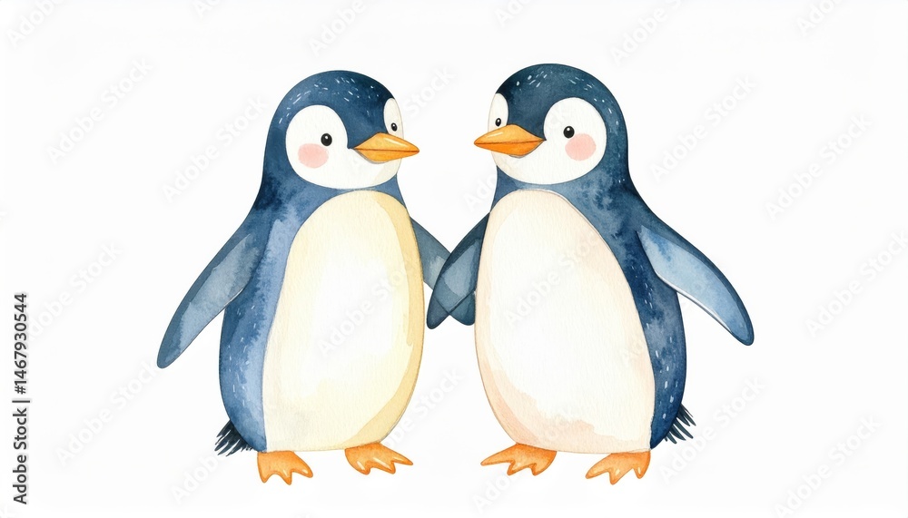 Fototapeta premium Penguin Pals: A Watercolor Friendship - Two adorable penguins holding flippers, symbolizing friendship, loyalty, companionship, love, and winter. Soft watercolor