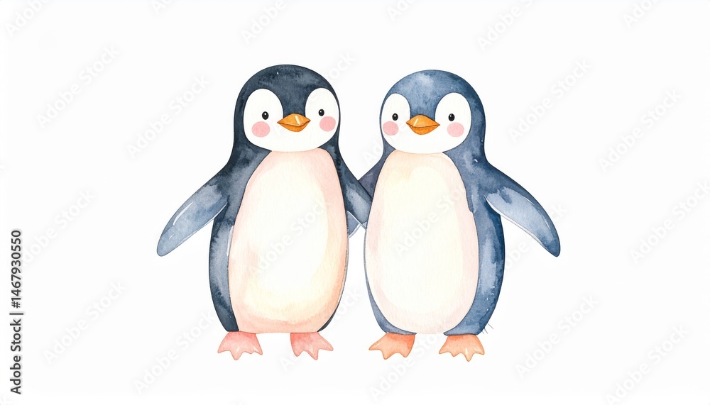 Obraz premium Penguin Pals: A Watercolor Friendship - Two adorable penguins holding flippers, symbolizing friendship, companionship, loyalty, love, and winter
