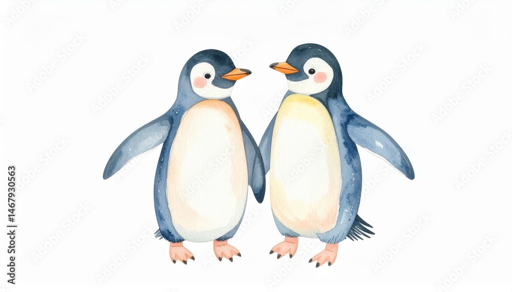 Fototapeta premium Penguin Pals Watercolor Painting - Two adorable penguins holding flippers, symbolizing friendship, love, companionship, loyalty, and togetherness. Gentle watercolor