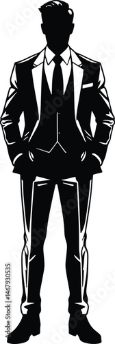 Stylish Businessman in Suit   Black and White Silhouette Art