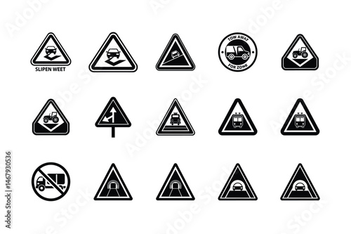 Black and White Road and Traffic Warning Signs Icon Set