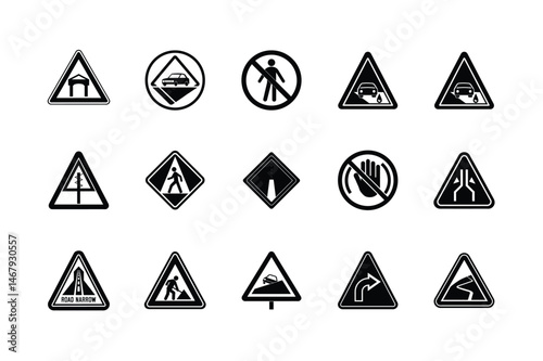 Black and White Road and Traffic Warning Signs Icon Set