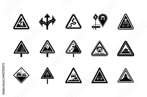 Black and White Road and Traffic Warning Signs Icon Set