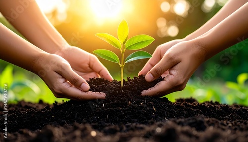 Wallpaper Mural Planting a Seed for a Brighter Future - Two hands gently plant a young seedling in rich soil, bathed in warm sunlight. A symbol of growth, hope, and environmental stewardship Torontodigital.ca