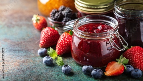homemade organic fruit jams in rustic jars with fresh berries ai generative