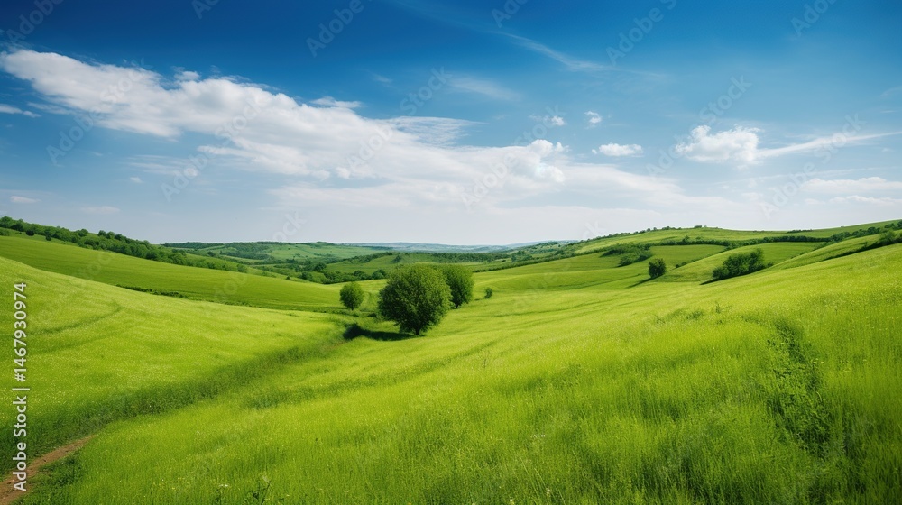 Obraz premium Lush green hills under a vibrant blue sky
