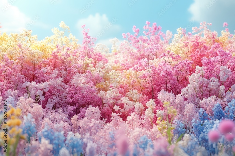 Fototapeta premium A vibrant field of colorful flowers under a blue sky