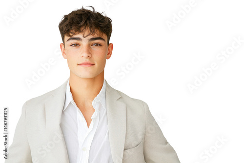 Portrait of a young man with curly hair wearing a white shirt and light blazer