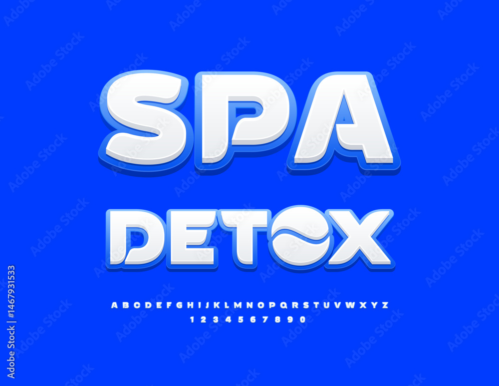 Vector Wellness icon Spa Detox. Stylish White and Blue Font. Modern Uppercase Alphabet Letters and Numbers set. Vector Wellness icon Spa Detox. Stylish White and Blue Font. Modern Uppercase Alphabet Letters and Numbers set.