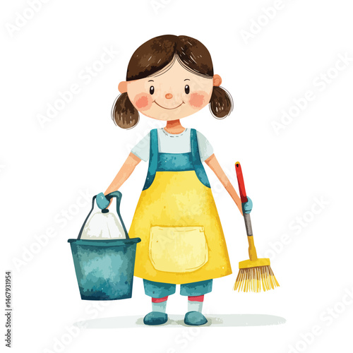 watercolor illustration of girl Housekeeping Staff isolated