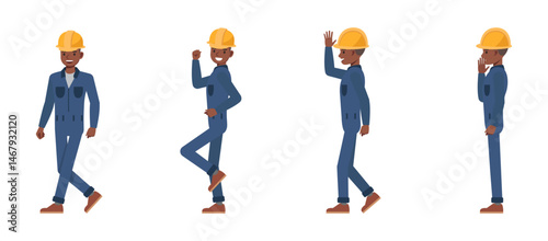 Male worker wearing blue jumpsuit character vector illustration design set. Happy man walking saying hello.