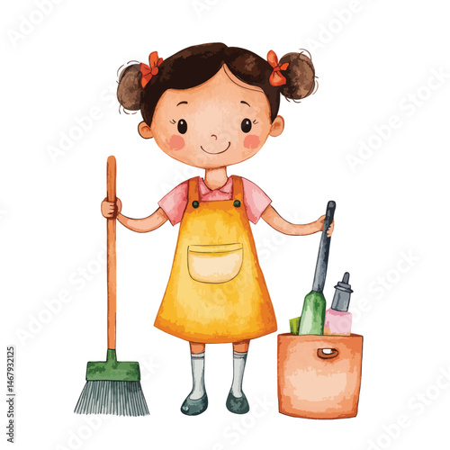 watercolor illustration of girl Housekeeping Staff isolated