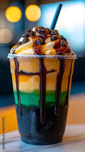 Layered Iced Coffee with Whipped Cream and Chocolate Sauce photo
